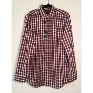Hugo Boss H-HANK Slim Fit Dress Shirt 17.5 44 Burgundy Plaid Check Stretch